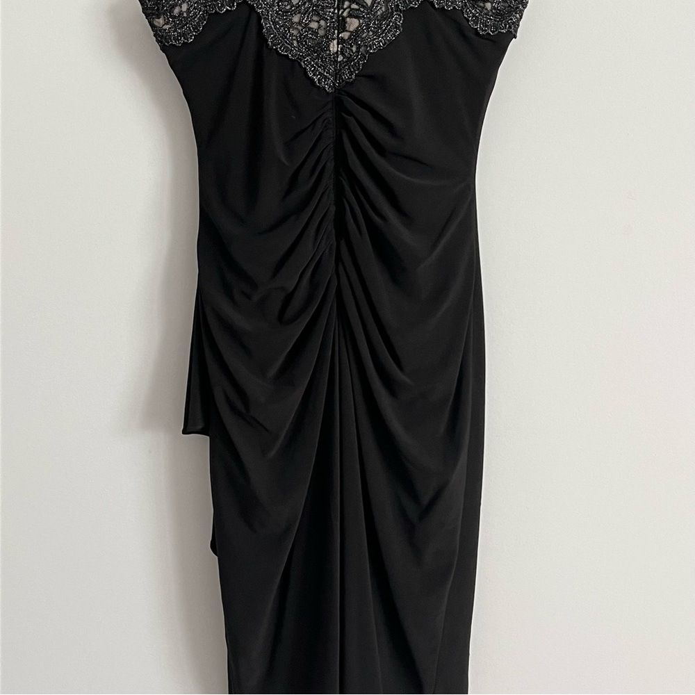 Xscape Black Crochet Back Ruche Draped Fitted Cocktail Dress - Picture 11 of 11